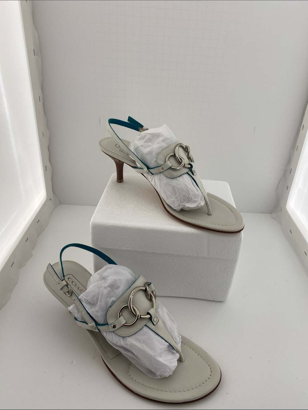 Coach White Leather Thong Sandals with Teal Straps - Picture 2 of 5